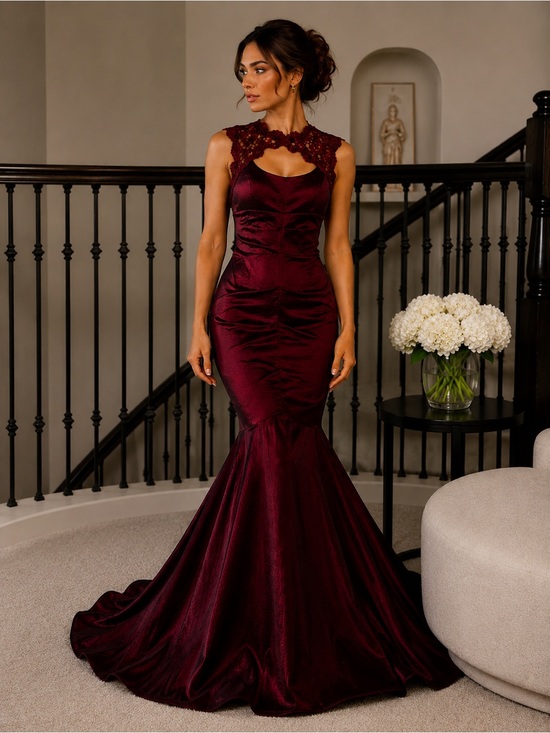 Xscape Dresses & Skirts - Xscape Burgundy Lace-Accented Mermaid Maxi Dress